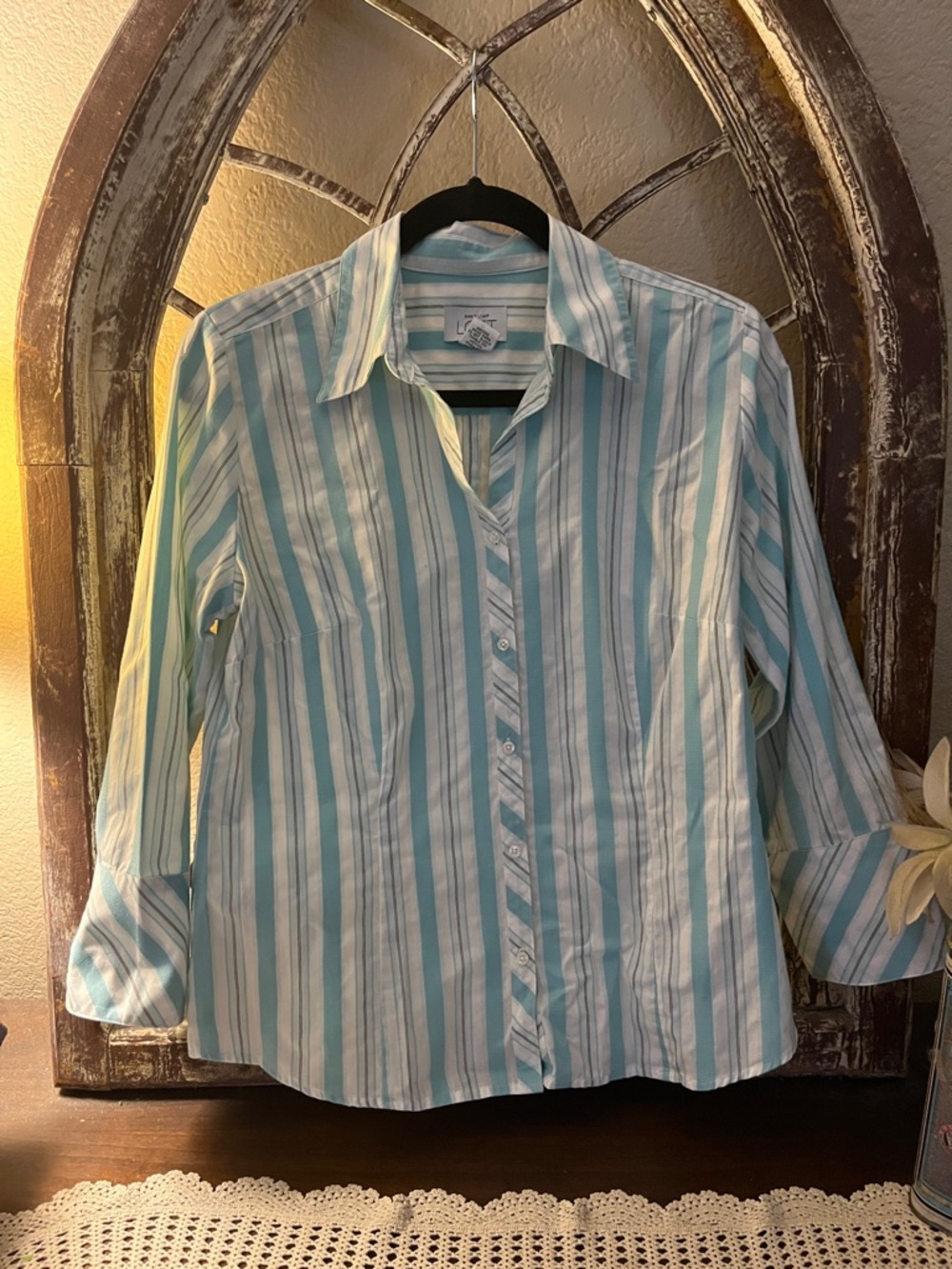 LOFT Women’s Button Down  Shirt Aqua and White Striped Button-Down  Shirt , M